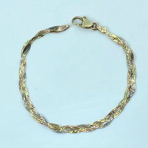 Vintage Italy Tri Color 14K yellow gold Braid Herringbone Bracelet 7" 3.2g JR928